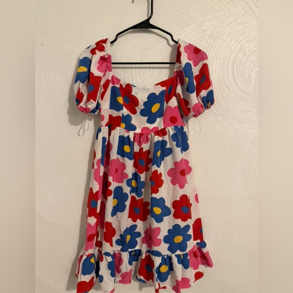 ASOS Floral Puff Sleeve Midi Dress in White, Blue, Pink & Red